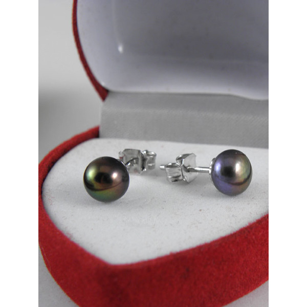 Сережки-пусети натуральні річні чорні перли, 8 мм срібло 925 гатунку