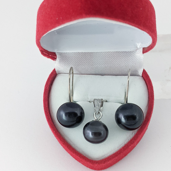 Сережки та підвіска прісноводні чорні перли 11 мм, срібло 925