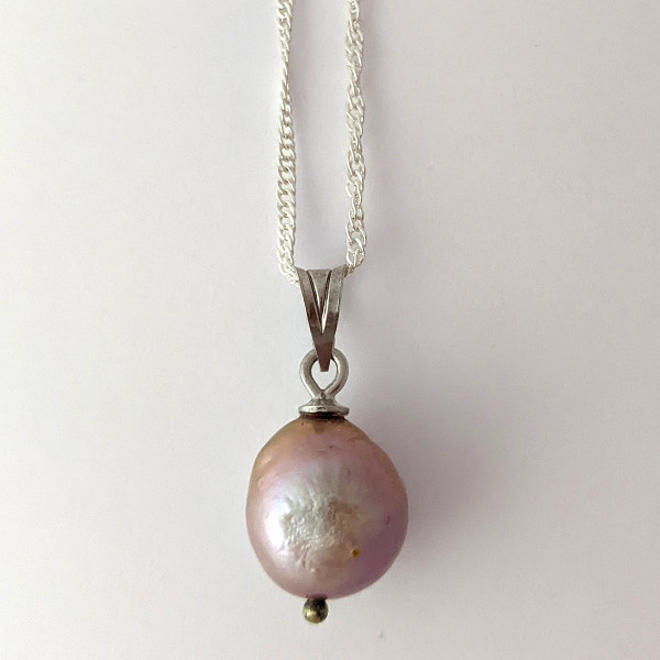 Кулон, підвіска барочні рожеві перли Касумі 14 мм, срібло 830 проби