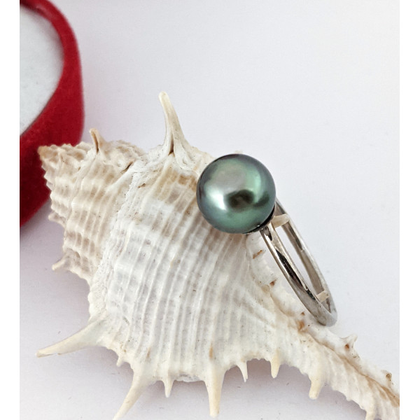 Кільце, круглі чорні перли Таїті, оливковий обертон, срібло 925 проби.