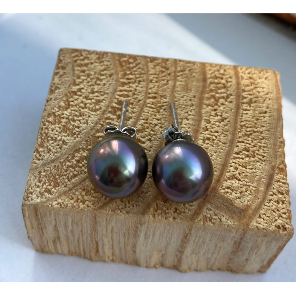 Сережки барочні  океанічні перлини Таїти, колір чорний з пурпуром "cherry",  срібло 925 гатунку 