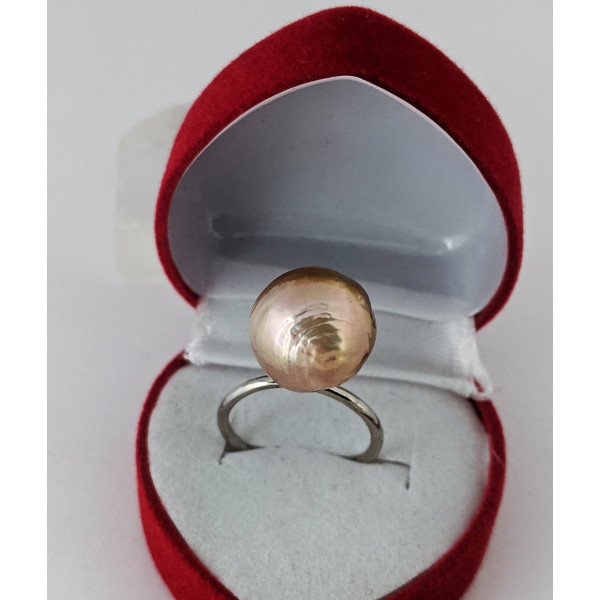 Каблучка, велика, 15 мм, натуральна барокова  райдужна перлина Касумі, срібло 925 гатунку