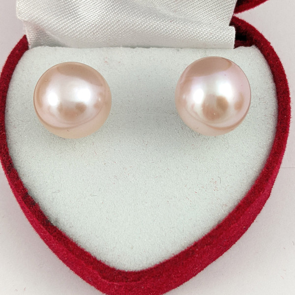 Сережки-пусети  натуральні річні рожеві перли, 11 мм срібло 925 гатунку