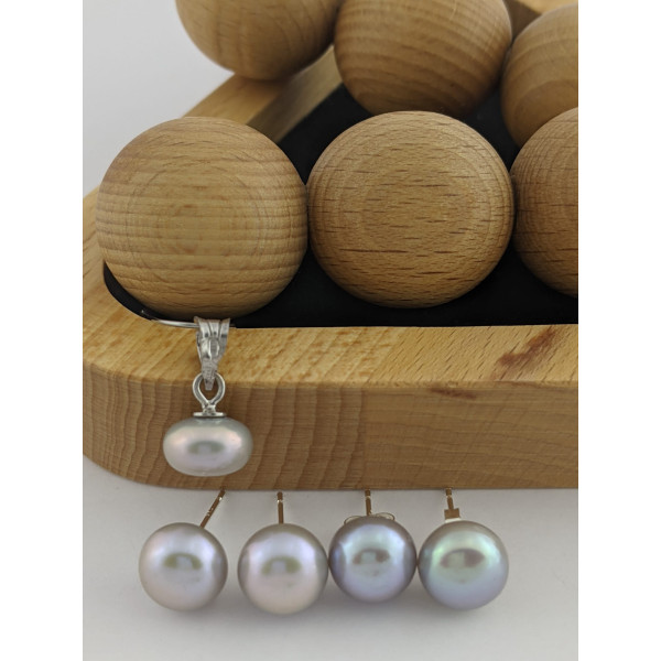 Сережки та підвіска натуральні сірі перли, 9 мм срібло 925 гатунку