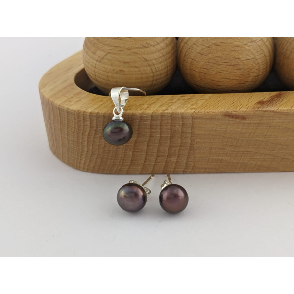 Сережки та підвіска натуральні перли, чорний з райдужними обертонами 7 мм срібло 925 гатунку. 