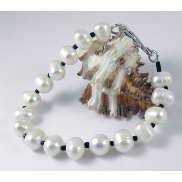 Браслет, натуральні культивовані прісноводні великі білі перли 10 мм і чорний бісер
